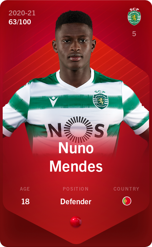 Sorare - Sorare Official - Nuno Mendes 2020-21 • Rare 63/100 - NFT # 59074201105918043005138736580758446476283059483617265788354199832000065274544