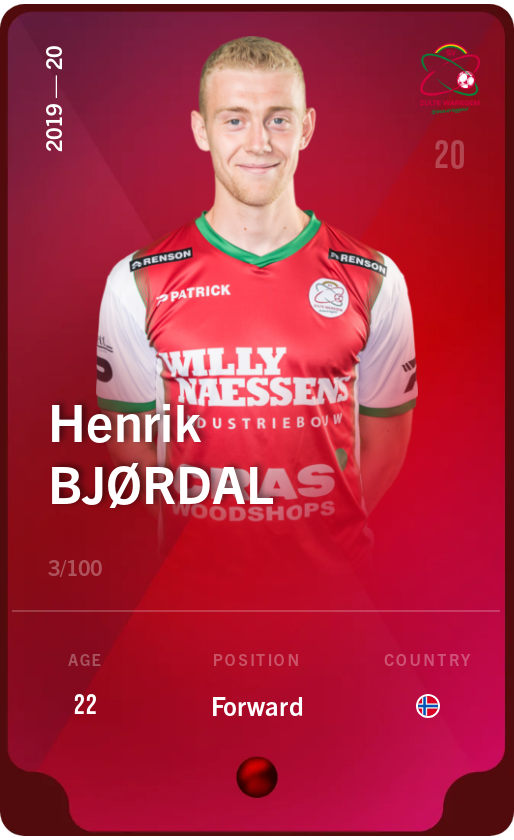 Sorare - Sorare Official - Henrik Bjørdal 2019-20 • Rare 3/100 - NFT # 81952511918684426469427490219571052749276833664863424042811840610535249226927