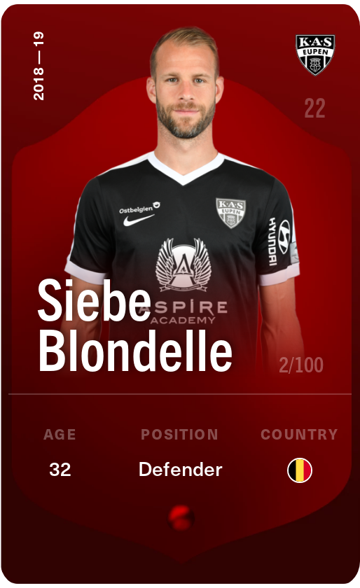 Sorare - Sorare Official - Siebe Blondelle 2018-19 • Rare 2/100 - NFT # 58645546913743432548510448877713465315068629152228125843583125523736260920397