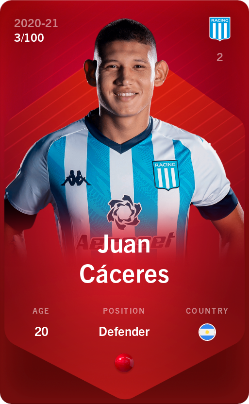 Sorare - Sorare Official - Juan Cáceres 2020-21 • Rare 3/100 - NFT # 7800435822396541657010903940975725615938845617267018596528967086371621548911