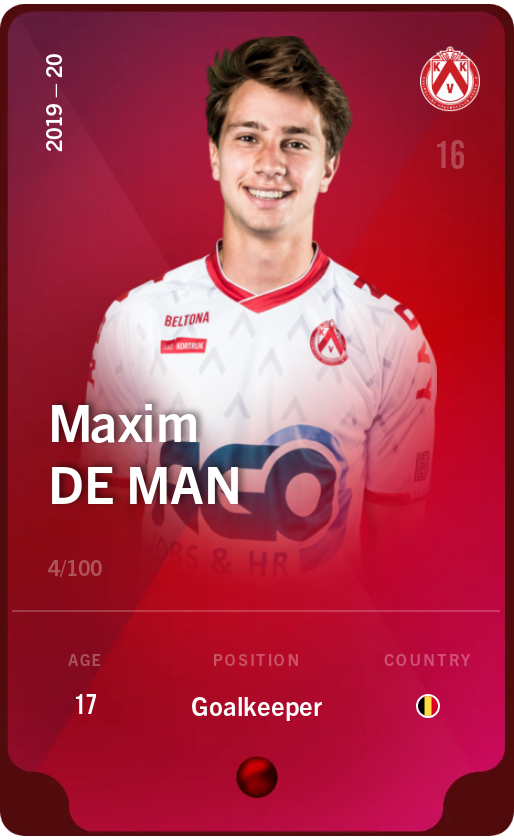 Sorare - Sorare Official - Maxim De Man 2019-20 • Rare 4/100 - NFT # 68524776362114950585769670128953442857915722903438803637448466260469871728126