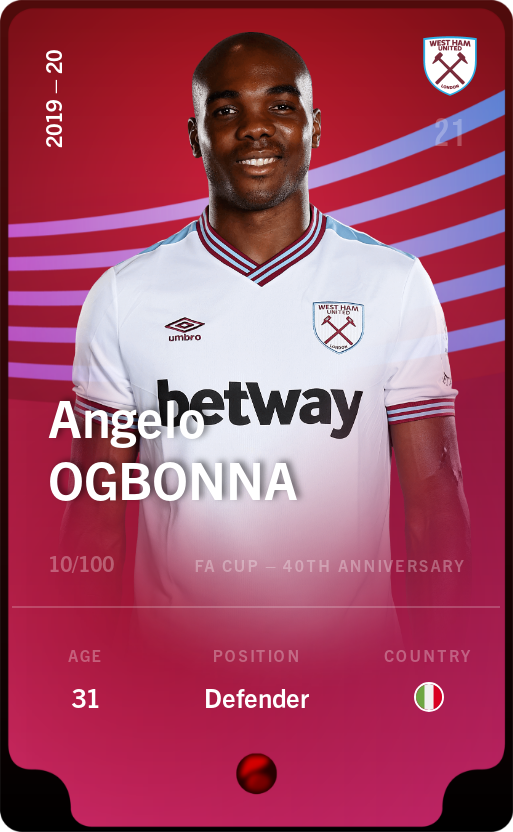 Sorare - Sorare Official - Angelo Ogbonna 2019-20 • Rare 10/100 - NFT # 44384619555821807602042410453713443533703477750102082597938198977109100468697