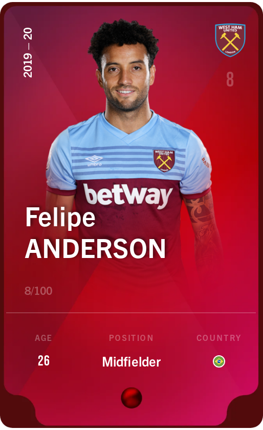 Sorare - Sorare Official - Felipe Anderson 2019-20 • Rare 8/100 - NFT # 78730811440370551164940086663615335669649815020281919303145713732131972952240
