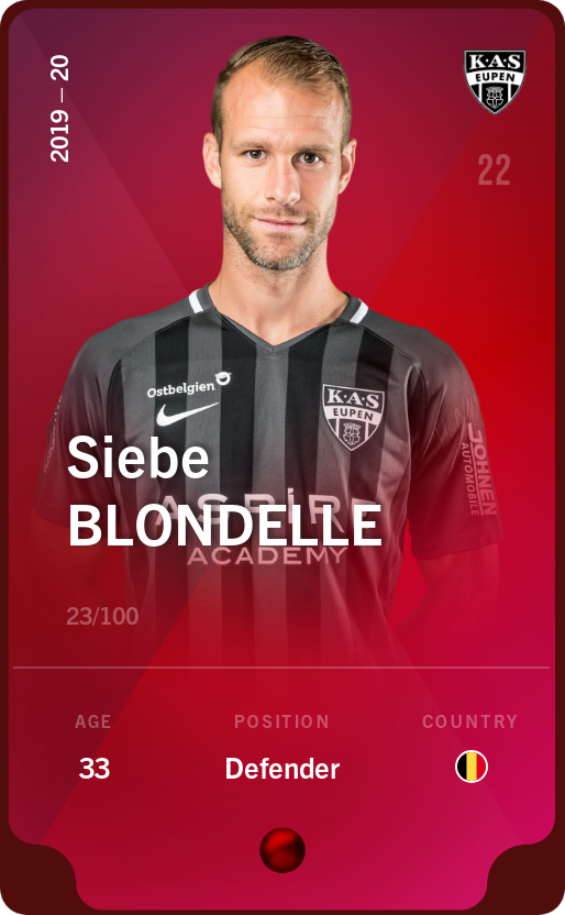 Sorare - Sorare Official - Siebe Blondelle 2019-20 • Rare 23/100 - NFT # 62144738542465903165338030327769993469931844020196964466214368936841727411540