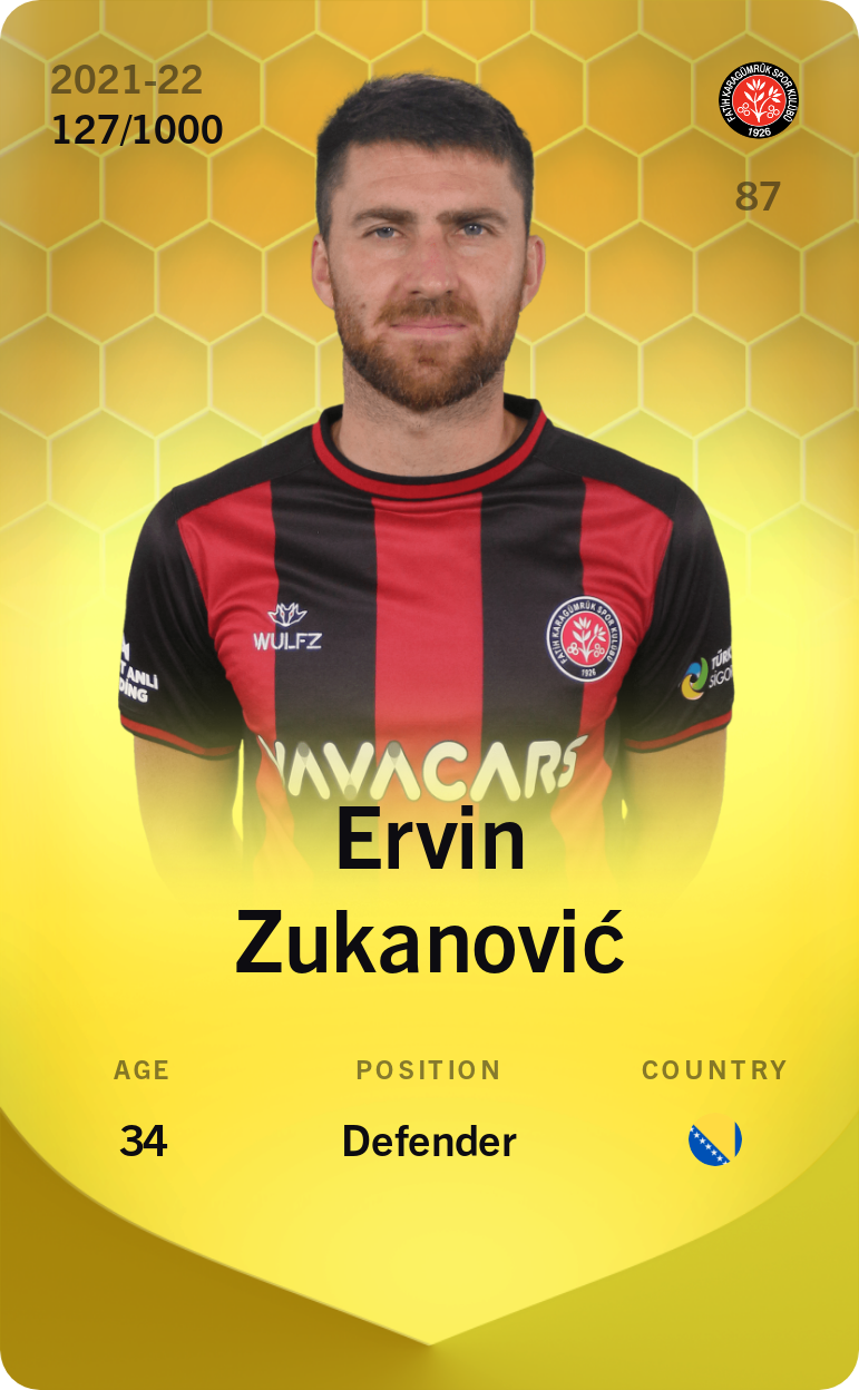 Sorare - Sorare Official - Ervin Zukanović 2021-22 • Limited 127/1000 - NFT # 76468341208373521741873449780433143357419900613969359222700319603708133877709