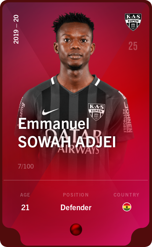 Sorare - Sorare Official - Emmanuel Sowah Adjei 2019-20 • Rare 7/100 - NFT # 5799704539657241286384927661665324956782957886147299033477684053583767973538