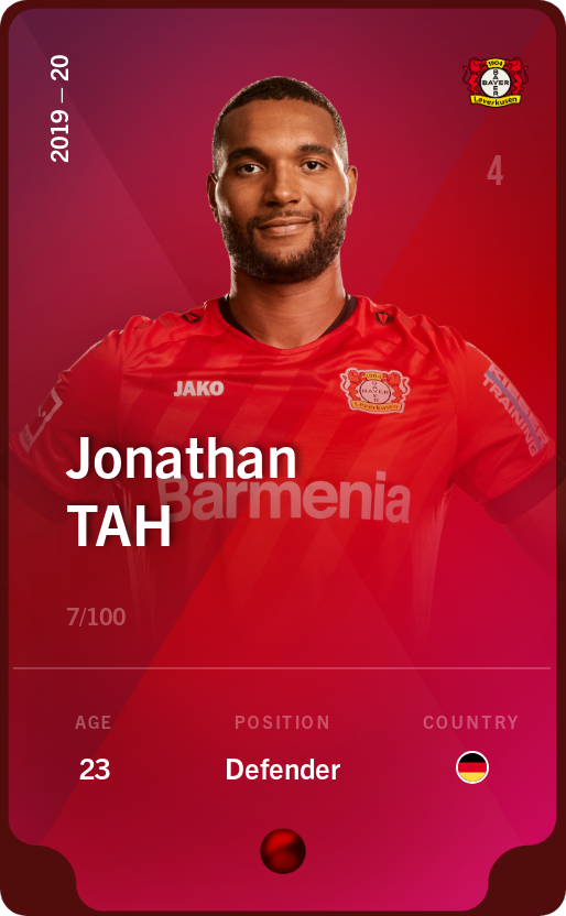 Sorare - Sorare Official - Jonathan Tah 2019-20 • Rare 7/100 - NFT # 74799429263203443482096937463106908139340035616416069396944851377897040518474