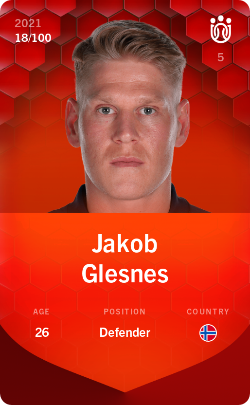 Sorare - Sorare Official - Jakob Glesnes 2021-22 • Rare 18/100 - NFT # 76447406851868972567309368049127630108012744344348401738426783727807582113269