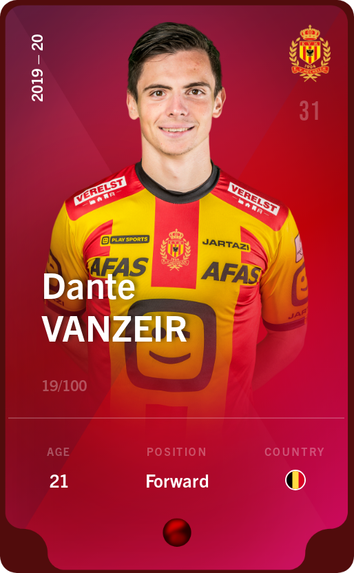 Sorare - Sorare Official - Dante Vanzeir 2019-20 • Rare 19/100 - NFT # 1051078731238755110488331834062536985075004687557359863970092128565638348654