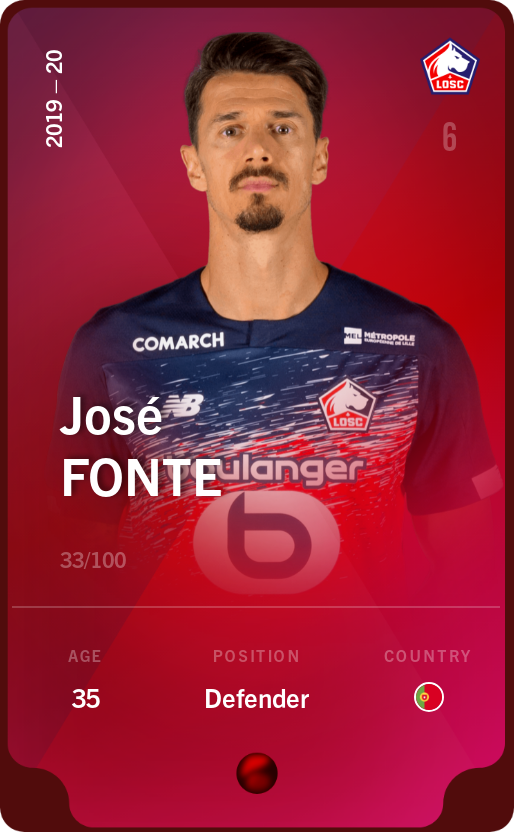 Sorare - Sorare Official - José Fonte 2019-20 • Rare 33/100 - NFT # 98841484665506049031269769014912081858489430908970719475630155026773892155156