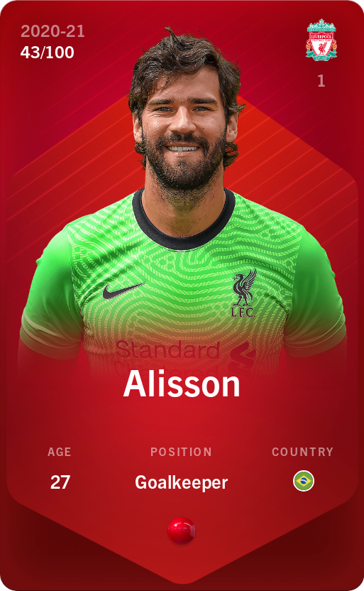 Sorare - Sorare Official - Alisson 2020-21 • Rare 43/100 - NFT # 12267236632394694533468169465626005244997316252323185280689727978004657933008
