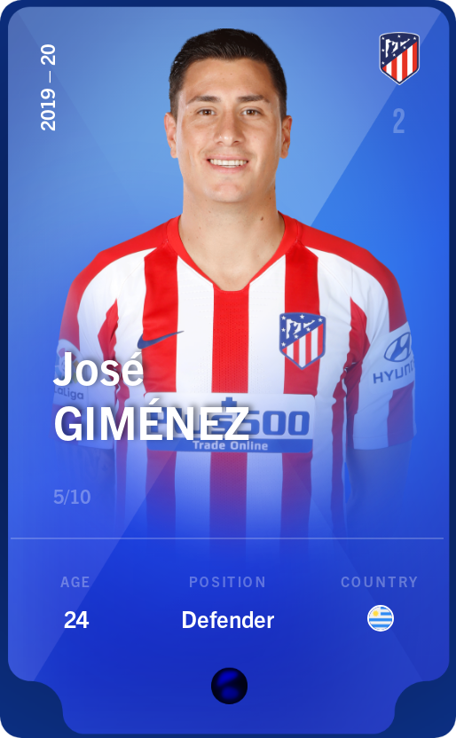 Sorare - Sorare Official - José Giménez 2019-20 • Super Rare 5/10 - NFT # 39301668940745171740598354854345238390075882892761140195501533590471624606831