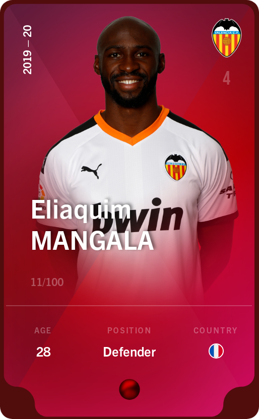 Sorare - Sorare Official - Eliaquim Mangala 2019-20 • Rare 11/100 - NFT # 37802745513055782232076388260872359468994836203769339495995155802494893252243