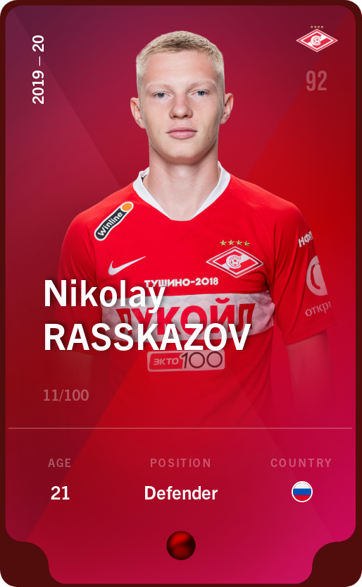 Sorare - Sorare Official - Nikolay Rasskazov 2019-20 • Rare 11/100 - NFT # 104442644595640285216122154239744342941803172133840124360619601550032121944593