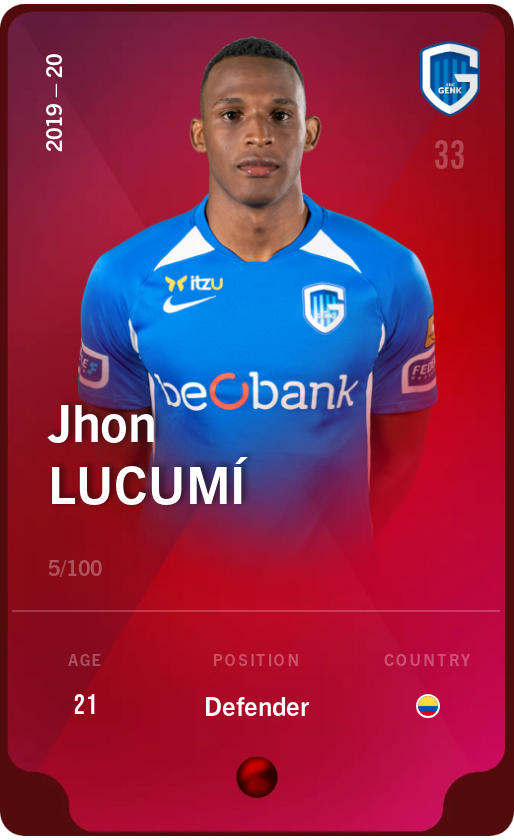 Sorare - Sorare Official - Jhon Lucumí 2019-20 • Rare 5/100 - NFT # 54412724199784968959034342006617015961004798151353059335028451376242305511711