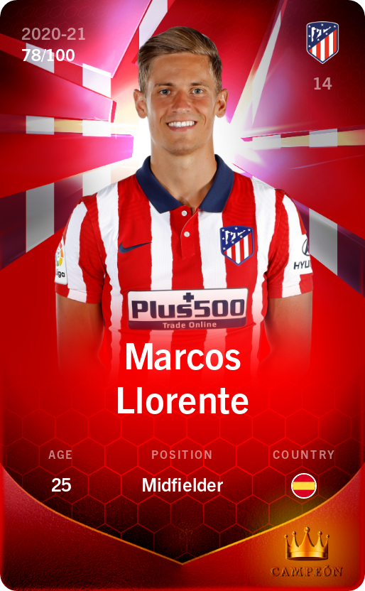 Sorare - Sorare Official - Marcos Llorente 2020-21 • Rare 78/100 - NFT # 109786036347931108929638445996925460338945470853835556523719901512307212704908