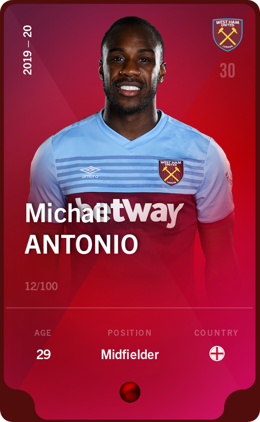 Sorare - Sorare Official - Michail Antonio 2019-20 • Rare 12/100 - NFT # 80363992347457553112935797703372993643078003348788247385804700998035010690639