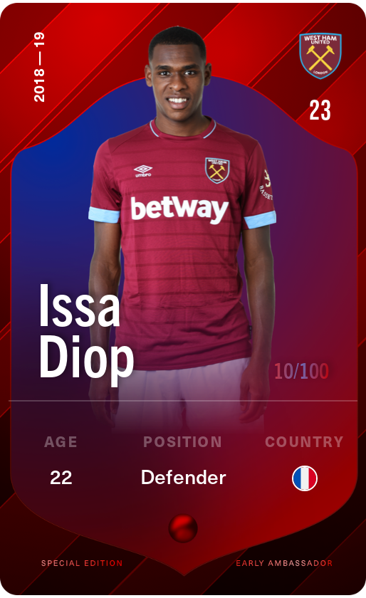 Sorare - Sorare Official - Issa Diop 2018-19 • Rare 10/100 - NFT # 74032334148588608408641057628364917970439108379585197751616021835630744737566