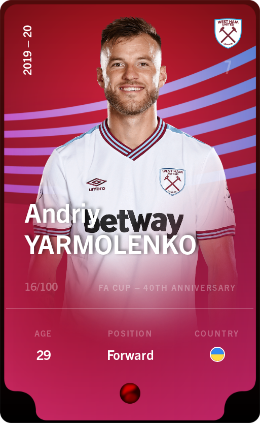 Sorare - Sorare Official - Andriy Yarmolenko 2019-20 • Rare 16/100 - NFT # 3462657794160693986682922598354768904410008908943727830132213285247239739268