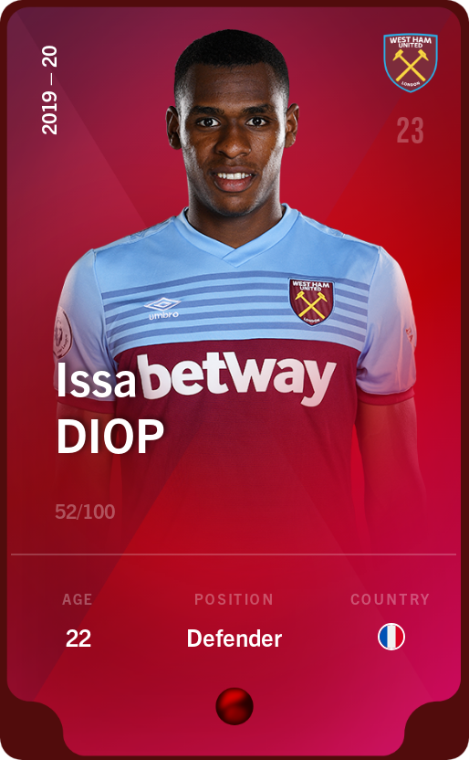 Sorare - Sorare Official - Issa Diop 2019-20 • Rare 52/100 - NFT # 79694490983837910416183487959311739627242296688834521447147545970956760067780