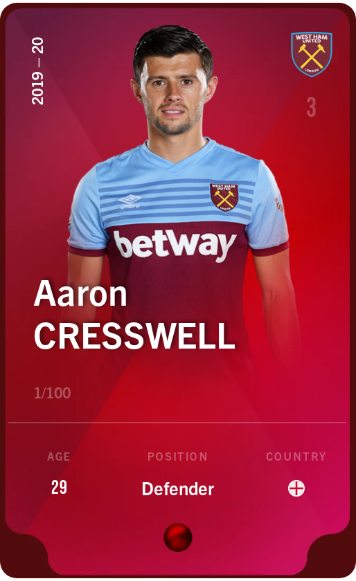 Sorare - Sorare Official - Aaron Cresswell 2019-20 • Rare 1/100 - NFT # 73233233870166898496638499659636786100998788260215432702975681391488146175600