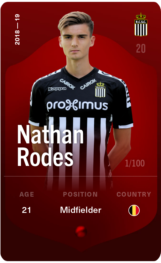 Sorare - Sorare Official - Nathan Rodes 2018-19 • Rare 1/100 - NFT # 59344443938528648521525630048151611176806391011901184777363673217732048756882