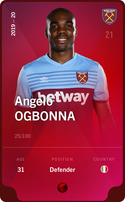 Sorare - Sorare Official - Angelo Ogbonna 2019-20 • Rare 25/100 - NFT # 112218173457267975620850629686451312308665599760191504405592085097756800274496