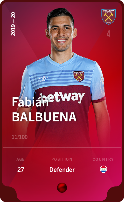 Sorare - Sorare Official - Fabián Balbuena 2019-20 • Rare 11/100 - NFT # 21934148137884807002020484141534731869368688149154138883530977540447750220530