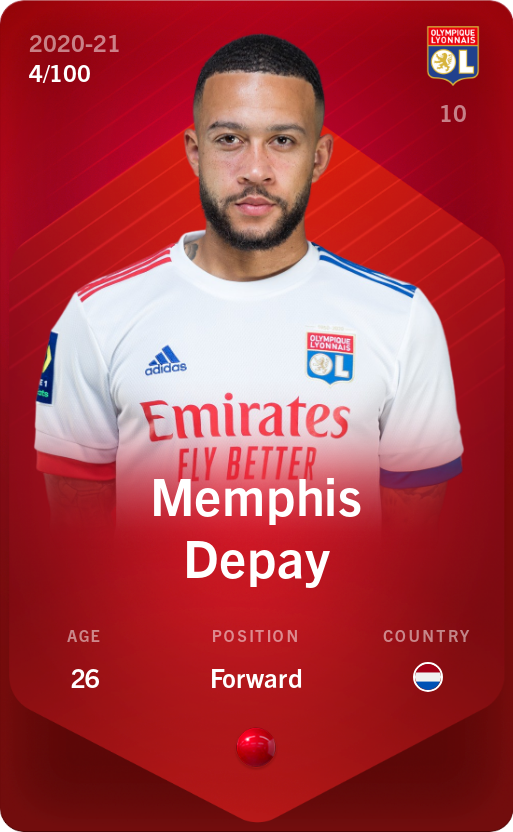 Sorare - Sorare Official - Memphis Depay 2020-21 • Rare 4/100 - NFT # 103095714768860789603673276854063464461999281663778290637261893406926025989103