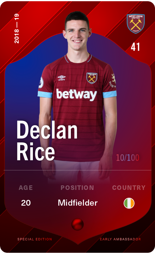 Sorare - Sorare Official - Declan Rice 2018-19 • Rare 10/100 - NFT # 86311645151511266332532943128516579294725481683542138032965533343832040442365