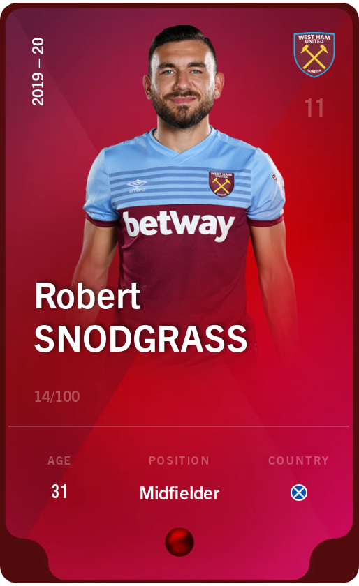 Sorare - Sorare Official - Robert Snodgrass 2019-20 • Rare 14/100 - NFT # 103090079921021792948635595631014837089432933353690470824786483710954980693151