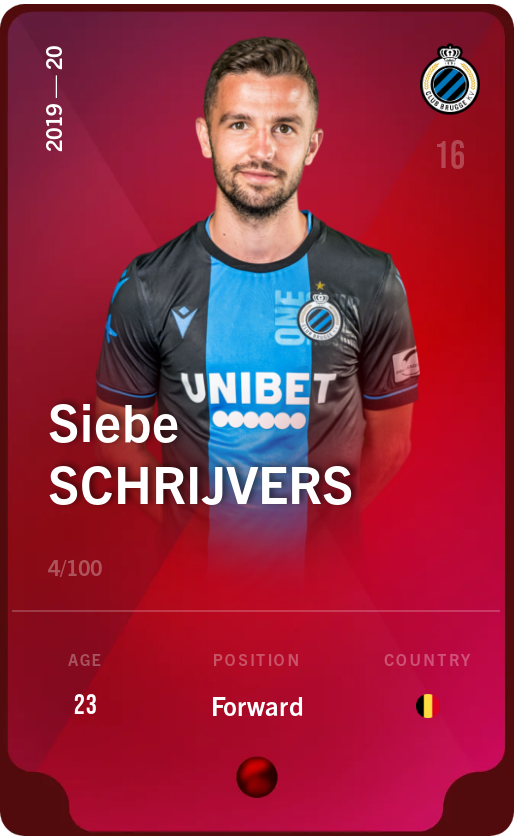 Sorare - Sorare Official - Siebe Schrijvers 2019-20 • Rare 4/100 - NFT # 24002038266383496634150697200487795039488707027565289075006335279324152733206