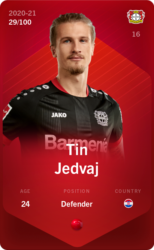 Sorare - Sorare Official - Tin Jedvaj 2020-21 • Rare 29/100 - NFT # 41434769339586037528648193363025829623659340569991343412263262298187327687654