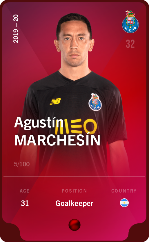 Sorare - Sorare Official - Agustín Marchesín 2019-20 • Rare 5/100 - NFT # 28335864216315990344999902396738462782553011501308730747636080629114874884947