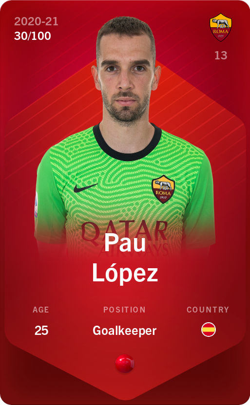 Sorare - Sorare Official - Pau López 2020-21 • Rare 30/100 - NFT # 107353733659785563005101585804767326553069745384457110179294305840966432410538