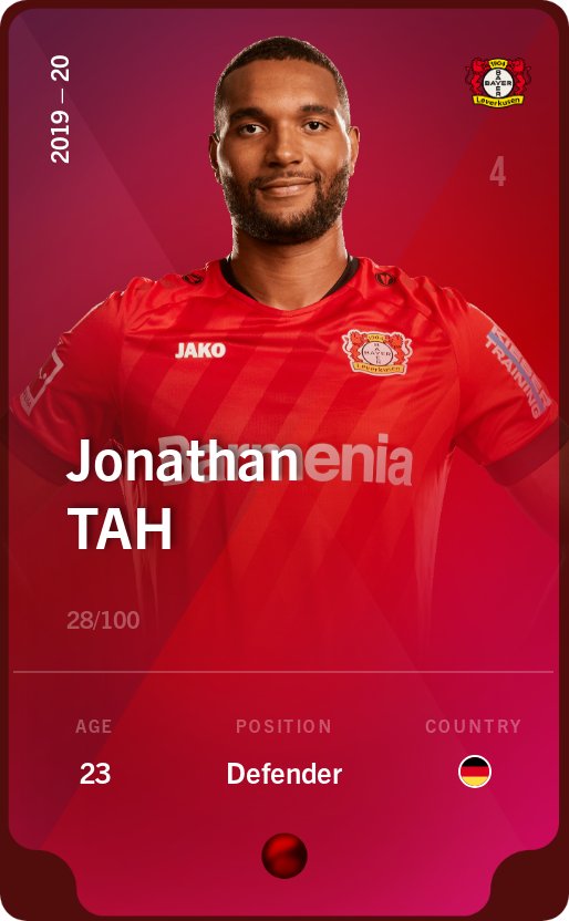 Sorare - Sorare Official - Jonathan Tah 2019-20 • Rare 28/100 - NFT # 76736265313085885086905867190132212614982938990336607144399965368361796128944