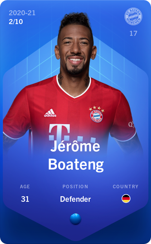 Sorare - Sorare Official - Jérôme Boateng 2020-21 • Super Rare 2/10 - NFT # 108923390146483044584514273826870426222659569543654664349877177183634186086767