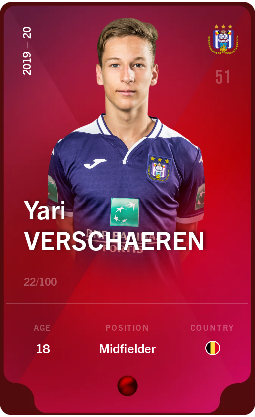 Sorare - Sorare Official - Yari Verschaeren 2019-20 • Rare 22/100 - NFT # 111668729027285038932503716665584681419216972696053954612941233714940896140977