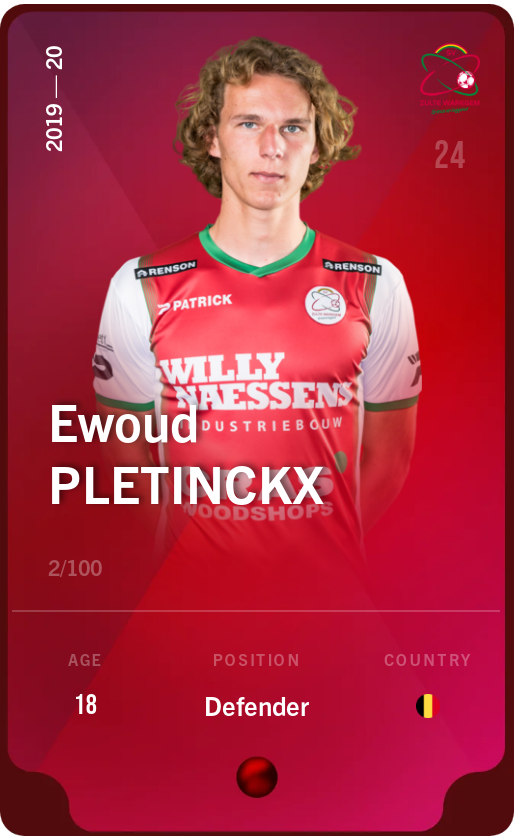 Sorare - Sorare Official - Ewoud Pletinckx 2019-20 • Rare 2/100 - NFT # 65971491393720808780044019803905397157117997030917567396698685902789936264804