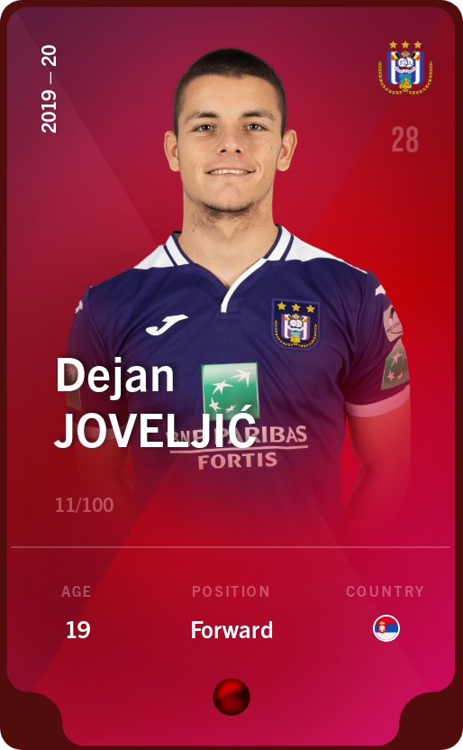 Sorare - Sorare Official - Dejan Joveljić 2019-20 • Rare 11/100 - NFT # 3998777961359553660858380796994096870001883682873584358593359624225956434302