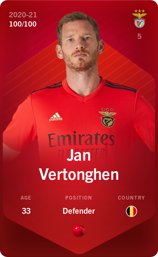 Sorare - Sorare Official - Jan Vertonghen 2020-21 • Rare 100/100 - NFT # 31327637061522237217150383506695122586771410578971434923735375305080371203483
