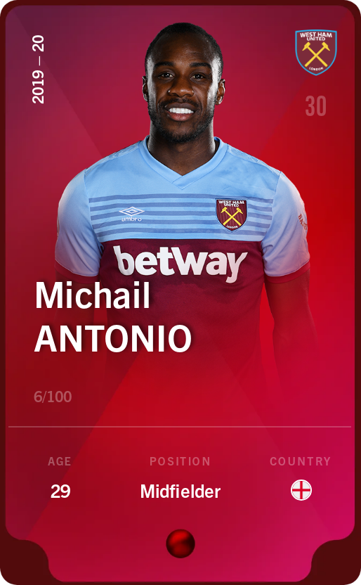 Sorare - Sorare Official - Michail Antonio 2019-20 • Rare 6/100 - NFT # 18101710871230661340804378157525759344829513104339895293632289618967260949758
