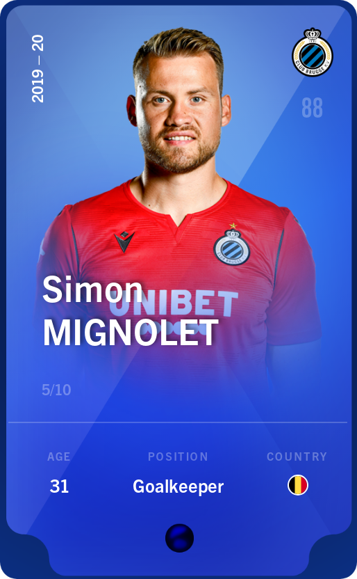 Sorare - Sorare Official - Simon Mignolet 2019-20 • Super Rare 5/10 - NFT # 30678868141358785256883789020521046002674334945107560061804893928943323104856