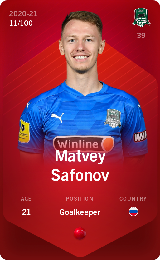 Sorare - Sorare Official - Matvey Safonov 2020-21 • Rare 11/100 - NFT # 100052706432368350397820246783776970166074749009844545159866766417419711434036