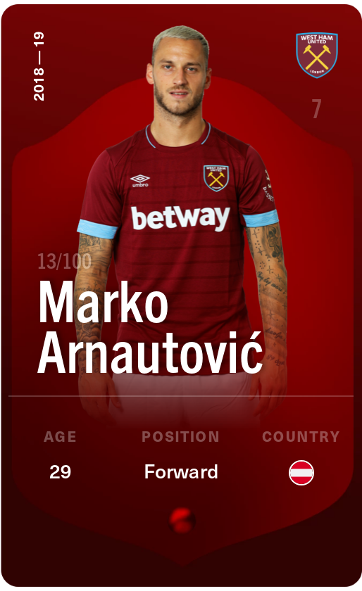 Sorare - Sorare Official - Marko Arnautović 2018-19 • Rare 13/100 - NFT # 7808734759434010569340831761989005634337395923520837682250535124852294655474