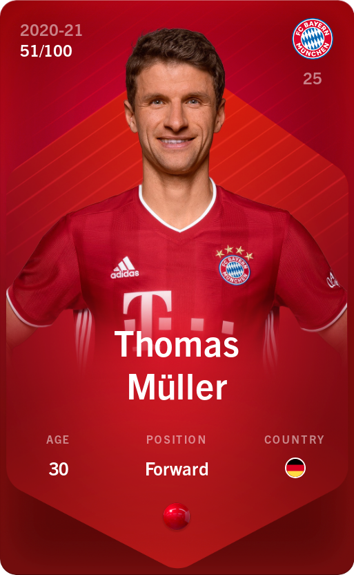 Sorare - Sorare Official - Thomas Müller 2020-21 • Rare 51/100 - NFT # 66705848072264937159092570357647668648393285098777525618015386535314751053897