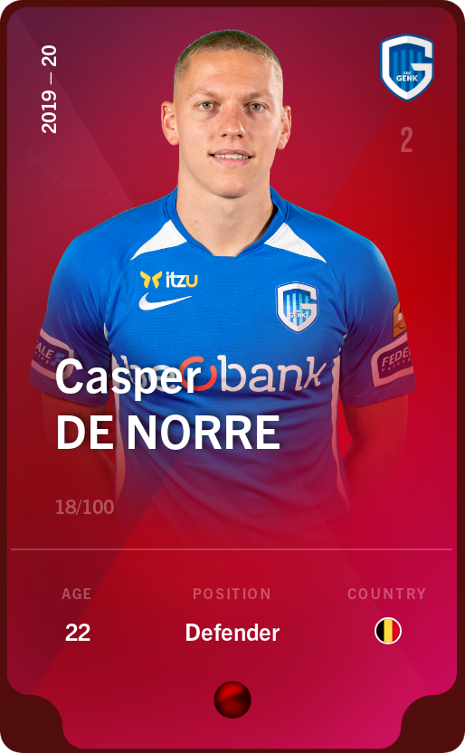 Sorare - Sorare Official - Casper De Norre 2019-20 • Rare 18/100 - NFT # 17844919351345015147180142531735650852265610946623618897754950090255381704961