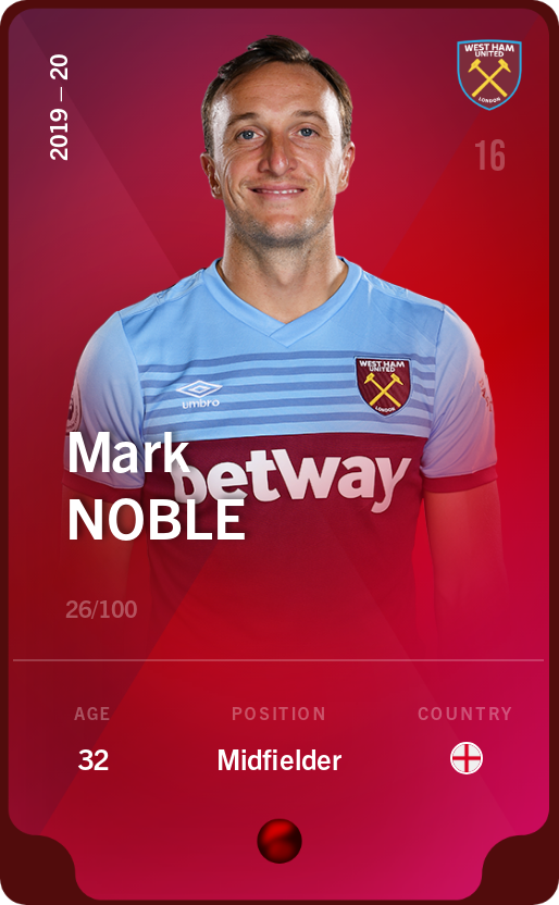 Sorare - Sorare Official - Mark Noble 2019-20 • Rare 26/100 - NFT # 92033149041670833015967931281351815473717316867256934030986775405264483646357