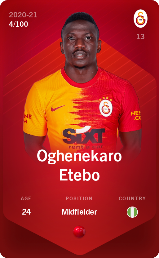 Sorare - Sorare Official - Oghenekaro Etebo 2020-21 • Rare 4/100 - NFT # 49772691923720917068533255141521705332576736324857247101150645773463950474738