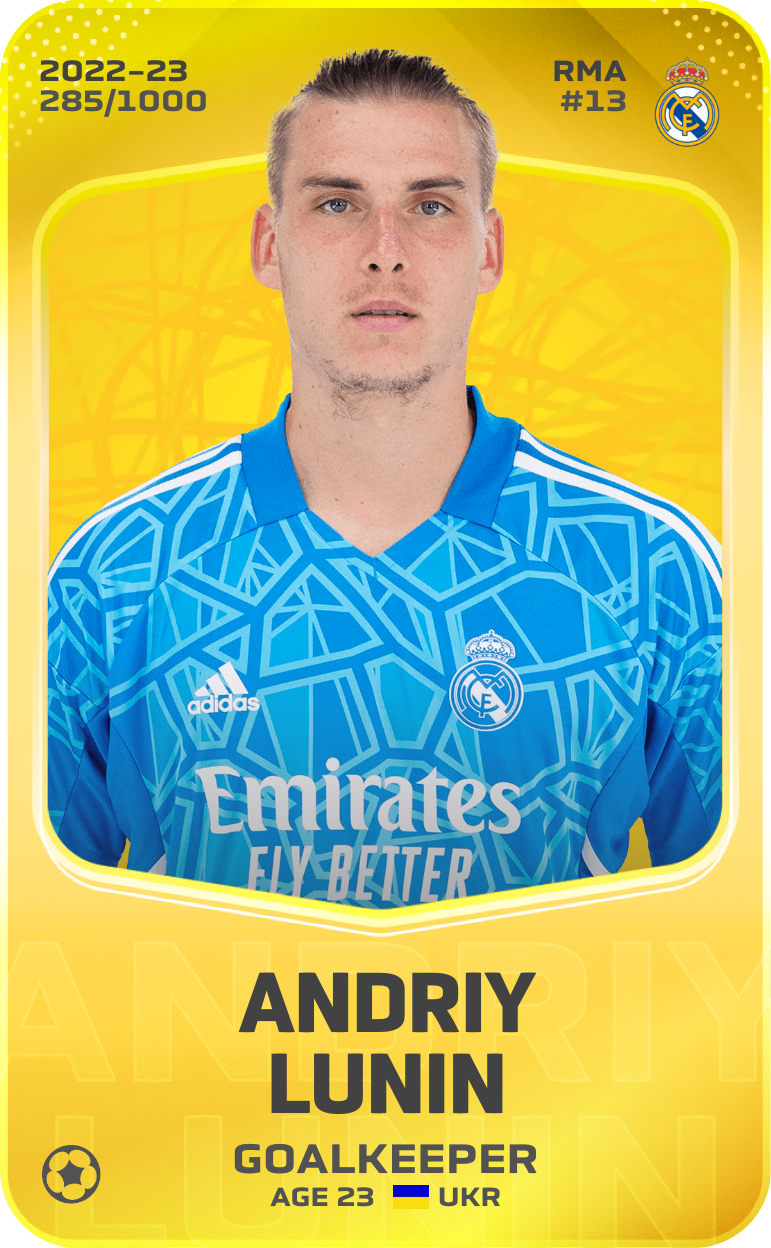 Sorare - Sorare Official - Andriy Lunin 2022-23 • Limited 285/1000 - NFT # 100028123006406036714548034271295647244209653492697400147607558124819641252560